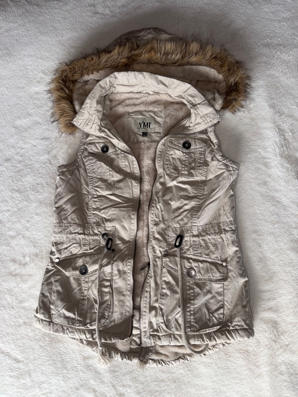 YMI Cream Hooded Vest with Faux Fur Trim